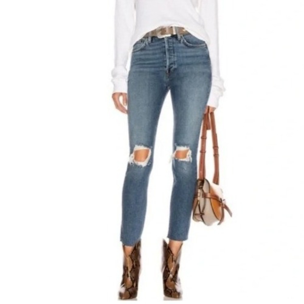 RE/DONE High Rise Ankle‎ Crop Jeans Women's 30 Dusk Destroy Blue Distressed